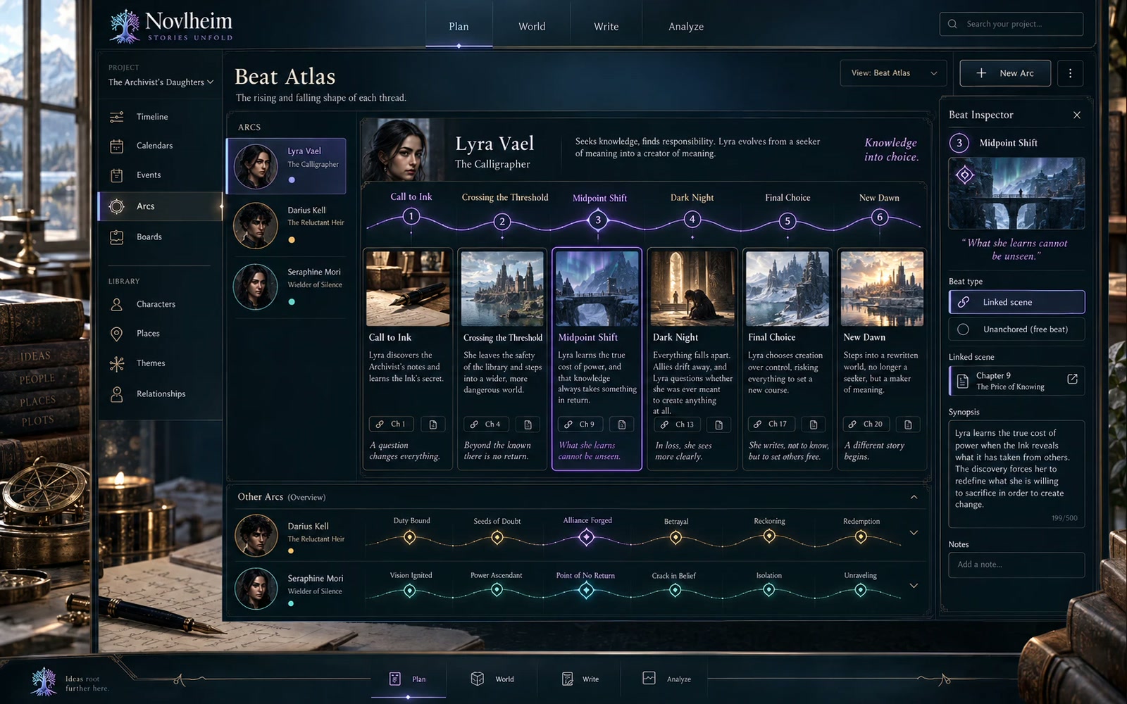 The Beat Atlas: Lyra Vael's beats as cards, with one of them open in the inspector