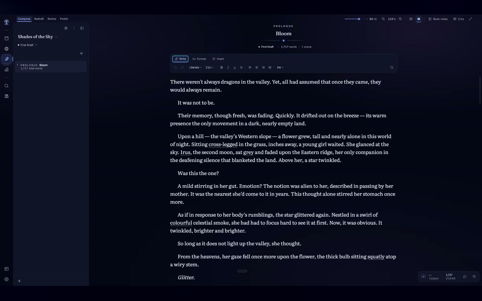 Compose: the prologue of Shades of the Sky open in the focus editor, the chapter list beside it