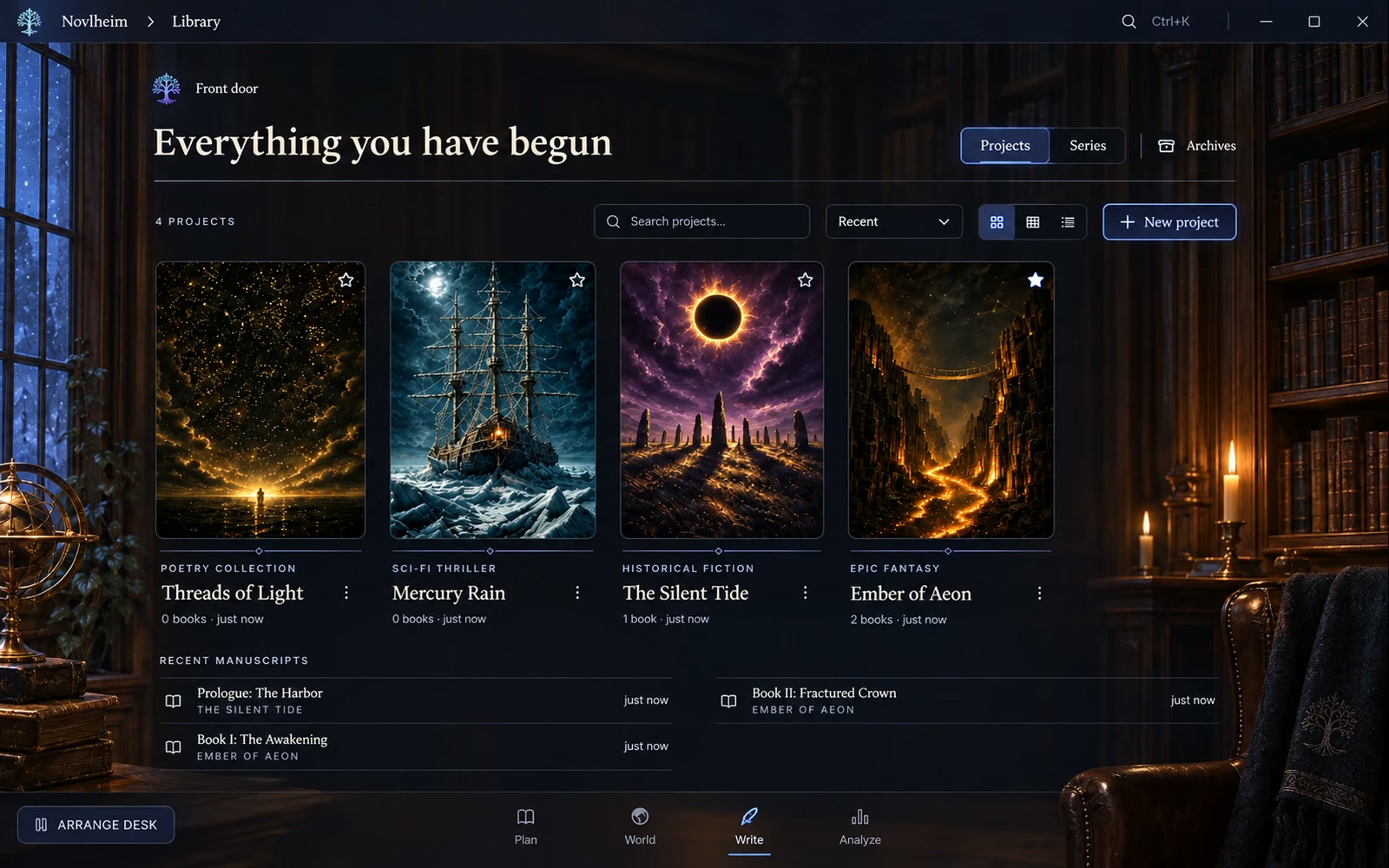 The NovlHeim library: four projects side by side, each with its own cover
