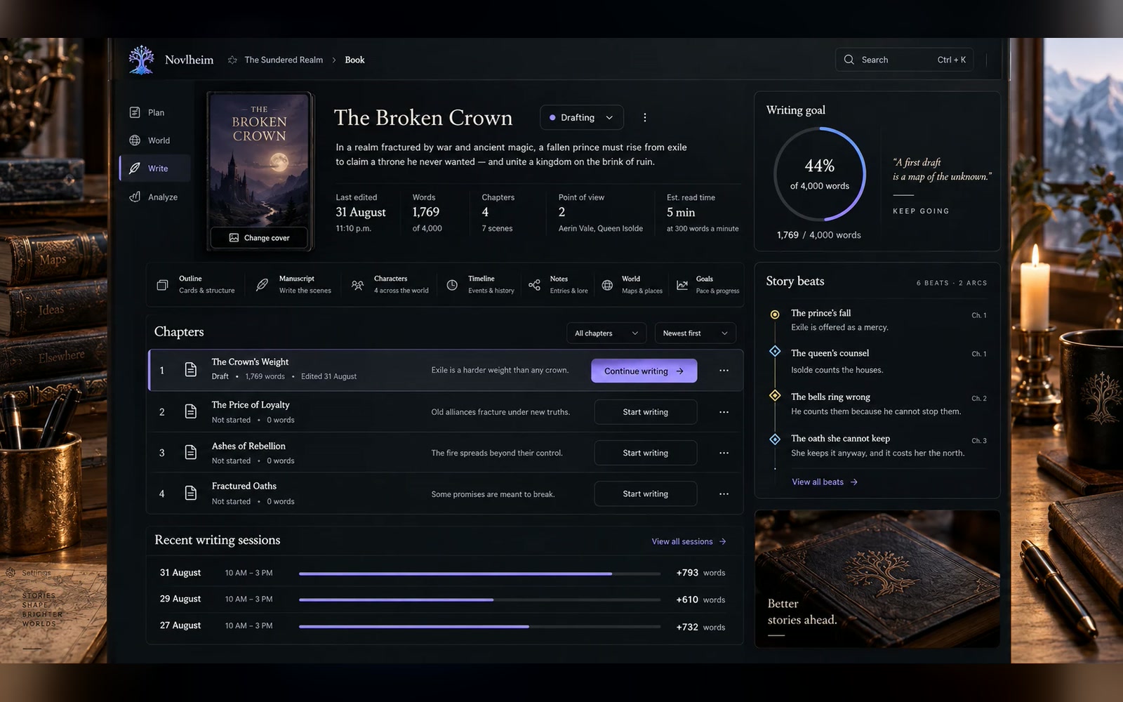 Book overview: The Broken Crown with its cover, its four chapters and its writing goal